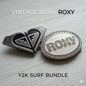 Vintage Style Roxy Y2K Belt Buckle Bundle – Rhinestone Oval & Black Heart Surf